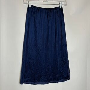Womens Vintage Navy Blue Midi Slip Skirt‎ Elastic Waist Side Slit Fairy Grunge